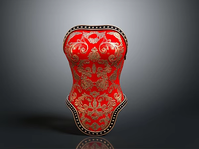 Red Corset With Golden Intricate Patterns And Black Rivet Trim 3d model