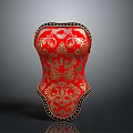 Red Corset With Golden Intricate Patterns And Black Rivet Trim
