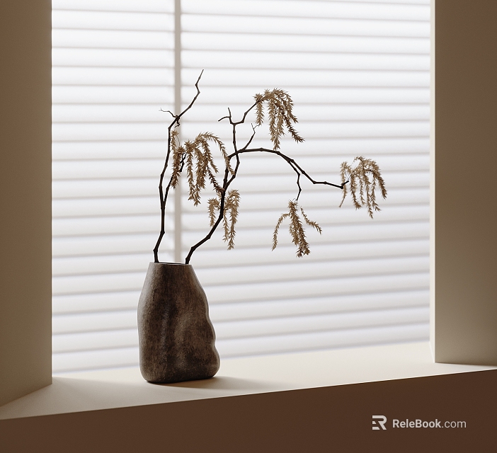 Minimalist Gray Stone Vase With Irregular Shape Holding Dried Branches On Windowsill By White Blinds 3d model 