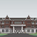 Red Brick University Building With Arched Windows Symmetrical Design Campus Square And Street Lamps