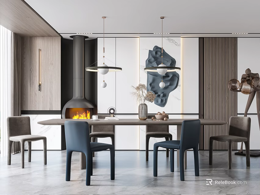 Modern Dining Table Set With Chairs Pendant Lights Fireplace Artwork And Vase 3d model