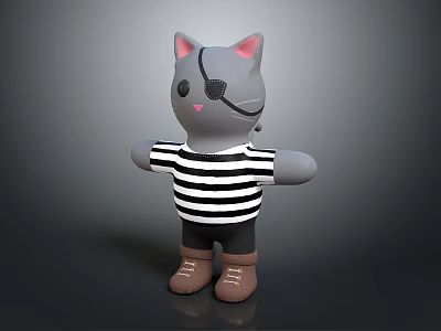 Cute Plush Cat Doll With Pink Ears Eye Patch Striped Shirt Black Pants Brown Shoes 3d model