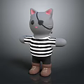 Cute Plush Cat Doll With Pink Ears Eye Patch Striped Shirt Black Pants Brown Shoes