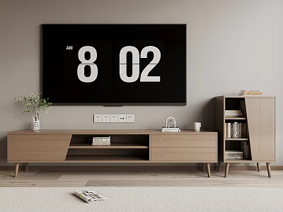 Modern Wooden TV Stand with TV Potted Plant Books Magazine and Side Bookshelf 3d model