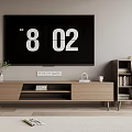 Modern Wooden TV Stand with TV Potted Plant Books Magazine and Side Bookshelf