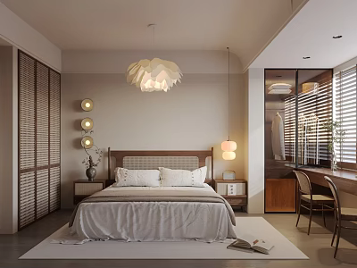 Modern Warm Bedroom Interior With Wooden Headboard Petal Pendant Light Sliding Wardrobe And Desk Area 3d model