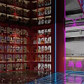Vibrant Red Restaurant Interior With Neon Lights Staircase Display Shelves Holding Wine Bottles And Figurines