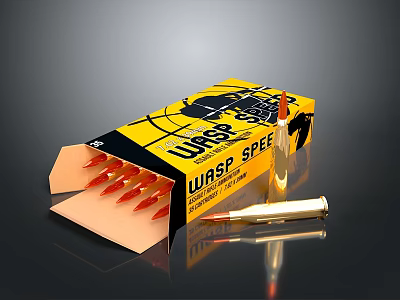 WASP SPEED Bullets in Open Yellow Box with Red Tips and Single Bullet Displayed 3d model