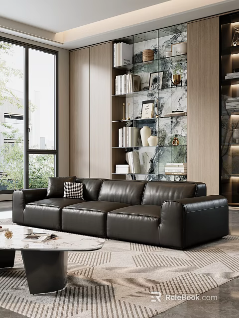 Modern Full Grain Black Leather Sofa Combination For Upscale Living Room Home Furnishing Design 3d model 