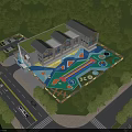 Modern School Building with Colorful Playground Surrounded by Green Trees and Road
