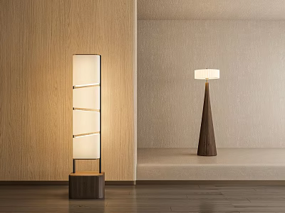 Modern Floor Lamps With Rectangular Layered Panels And Conical Round Shade In Wooden Wall Setting 3d model