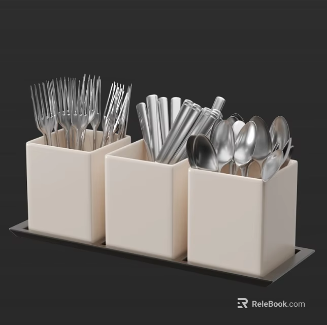 Stylish Cutlery Set With White Containers Black Tray Forks Knives And Spoons 3d model 