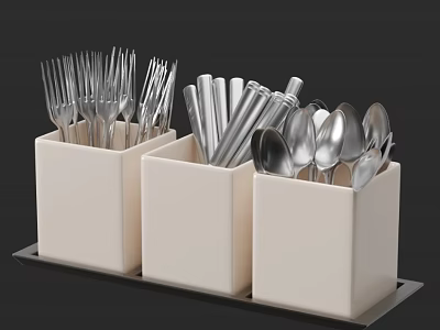 Stylish Cutlery Set With White Containers Black Tray Forks Knives And Spoons 3d model