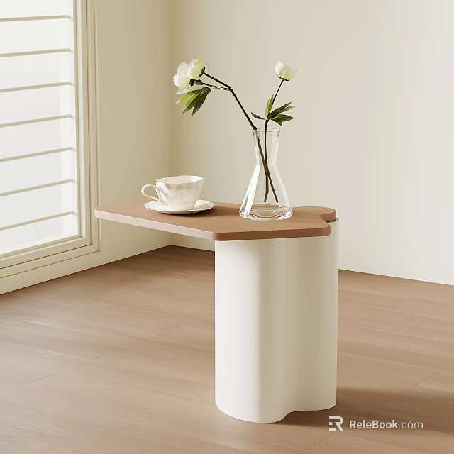 Hexagonal Wooden Side Table with White Base Clear Vase and White Flowers by Window Shutters 3d model 