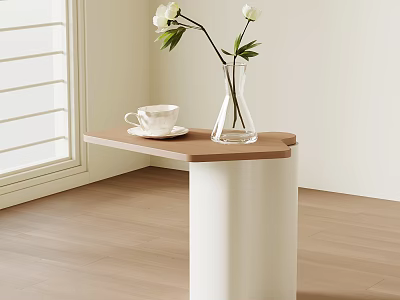 Hexagonal Wooden Side Table with White Base Clear Vase and White Flowers by Window Shutters 3d model