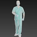 Man Wearing Green Surgical Scrubs Yellow Cap Face Mask Blue Gloves Tattoos on Gray Background