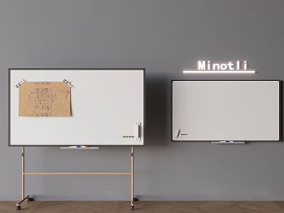 Standing And Wall Mounted Whiteboards With Minotli Sign And Kraft Paper Clips 3d model