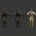 Three Tactical Military Figures In Different Uniforms With Protective Goggles And Vests