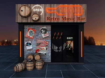 Retro Music Bar With Neon Signs Brick Wall Vintage Posters Wooden Barrels At Night 3d model