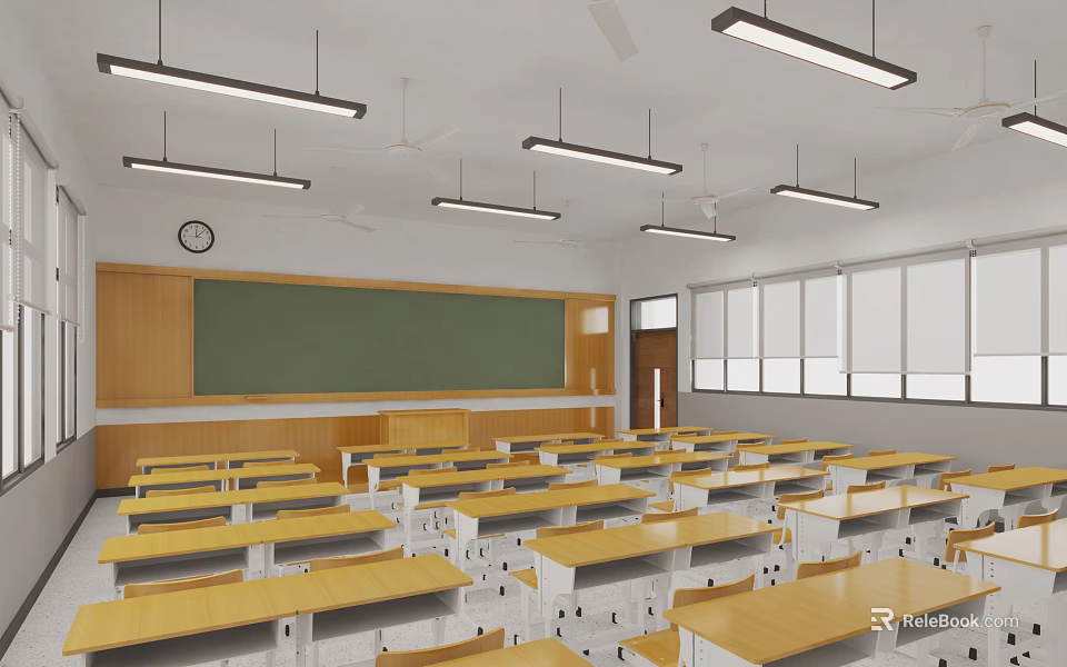 School Classroom Interior With Desks Chairs Blackboard Ceiling Lights And Windows 3d model