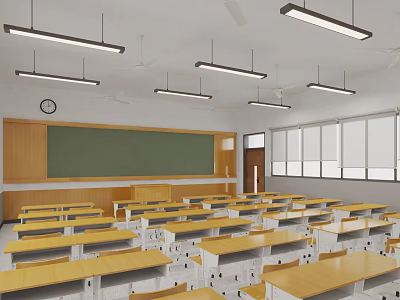 School Classroom Interior With Desks Chairs Blackboard Ceiling Lights And Windows 3d model