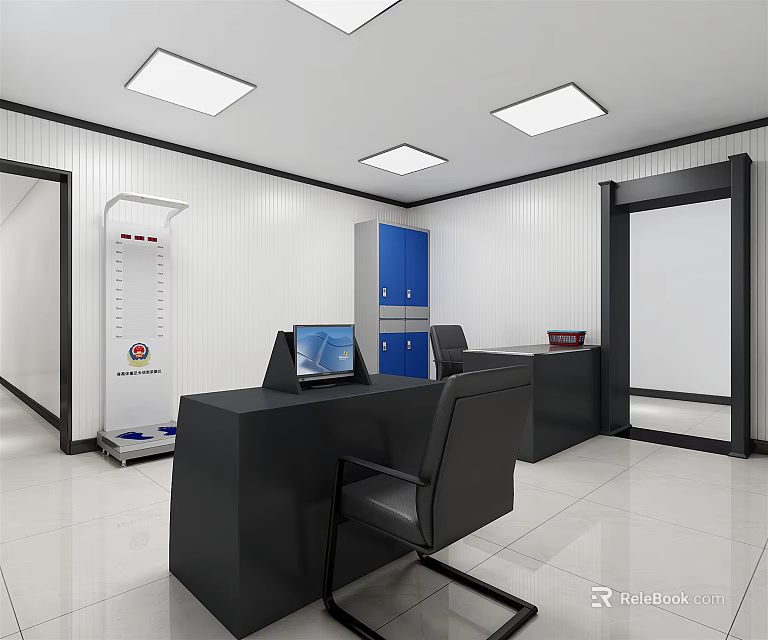 Modern Office Interior With Black Desks Chairs Blue Cabinets Security Scanner And Square Ceiling Lights 3d model 