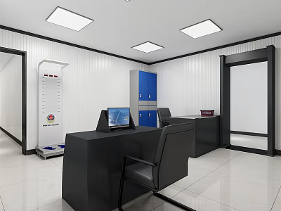 Modern Office Interior With Black Desks Chairs Blue Cabinets Security Scanner And Square Ceiling Lights 3d model