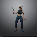 Female Sporty Character In Blue Outfit With Short Hair Holding Daggers
