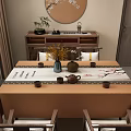 Wooden Chinese Dining Table Set With Calligraphy Runner Flower Vase And Tea Set Chairs