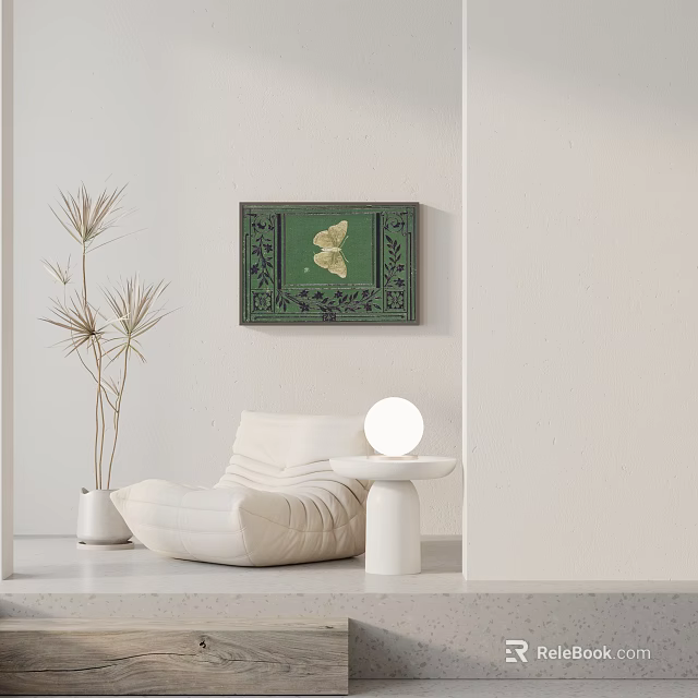 White Bean Bag Chair With Small Round Table Round Lamp Green Wall Art And Plant 3d model 