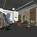 Reception Area Interior With Stone Counter Black Stools Pendant Lights And Sculpture