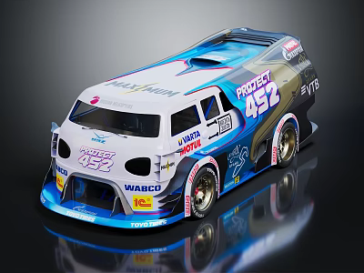 Blue and white modified race car with Project 452 WASCO NITTO logos and streamlined design 3d model