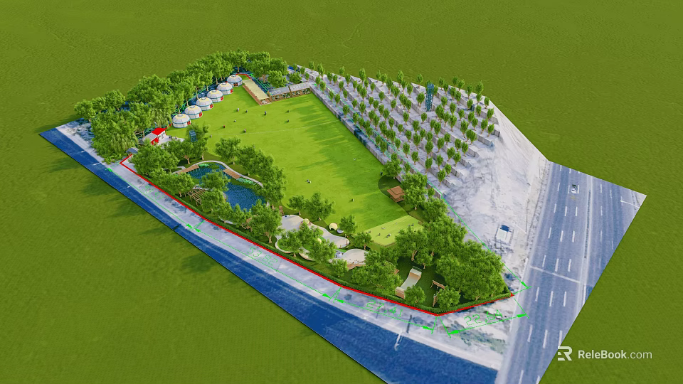 Landscape Garden Design With Green Lawn Trees Pond And Pathways 3d model 
