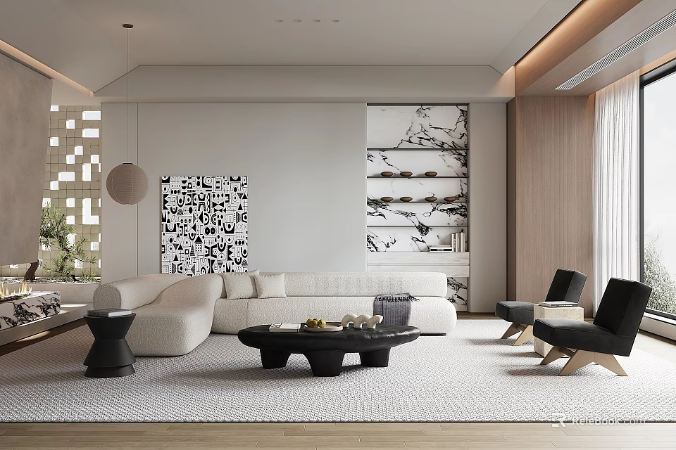 Modern Living Room Interior With Light Colored Sofa Black Coffee Table And Geometric Wall Decor 3d model 