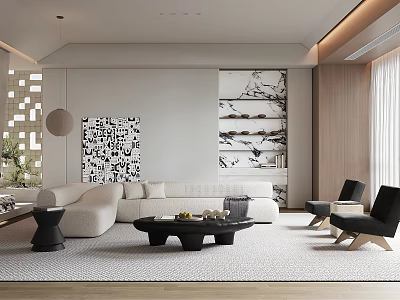 Modern Living Room Interior With Light Colored Sofa Black Coffee Table And Geometric Wall Decor 3d model