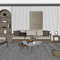 Bright Living Room Interior With Beige Sofa Armchair Coffee Table And Arched Bookshelf