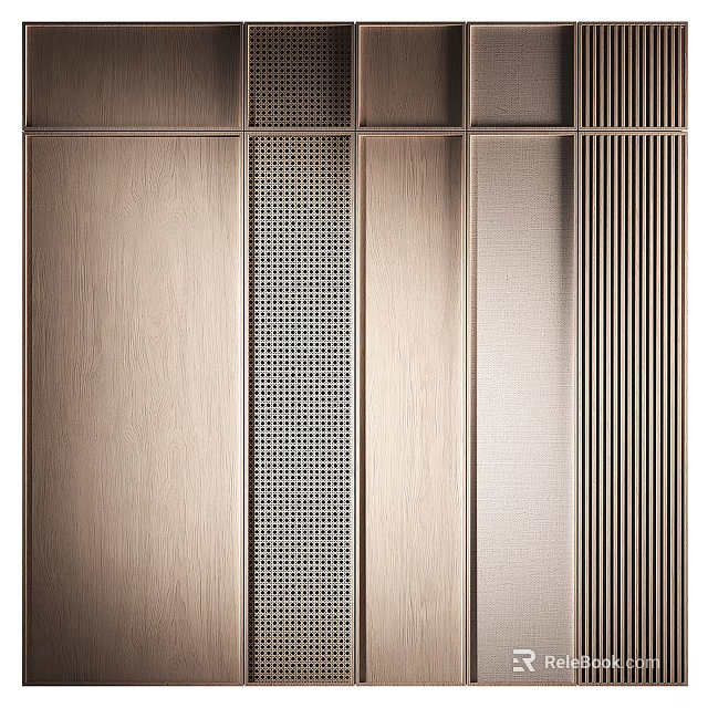 Modern Wardrobe Design With Wooden Texture Mesh Grille And Vertical Striped Panels 3d model 