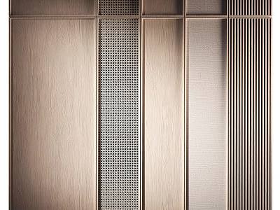 Modern Wardrobe Design With Wooden Texture Mesh Grille And Vertical Striped Panels 3d model