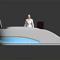 Modern White Reception Desk Design With Curved Shape Sleek Surface And Blue Accents