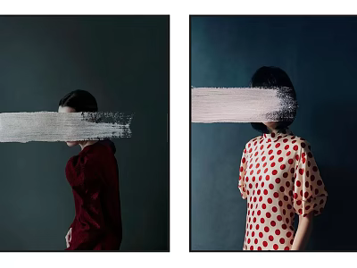 Two Portraits With Faces Obscured By White Brush Strokes Red Clothing And Polka Dot Dress 3d model