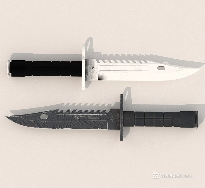Two Tactical Knives With Black Handles And Serrated Blades On White Background 3d model 