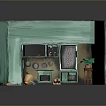 Household Items In Miniature Green Room With Orange Pots Green Bottles Mirror And Potted Plant