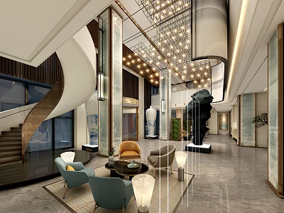 Modern Leisure Area With Spiral Staircase Sofas Chandelier Sculpture And Green Plants 3d model