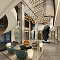 Modern Leisure Area With Spiral Staircase Sofas Chandelier Sculpture And Green Plants