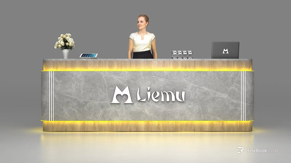 Elegant Modern Reception Desk With Marble Surface Branded Logo Flower Vase And Receptionist 3d model 