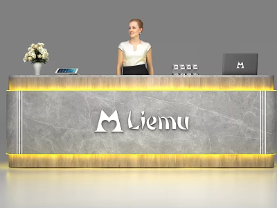 Elegant Modern Reception Desk With Marble Surface Branded Logo Flower Vase And Receptionist 3d model