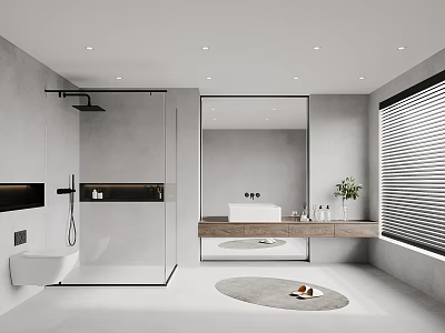 Modern Bathroom Interior Design With Glass Shower Partition Large Mirror And Wooden Vanity 3d model
