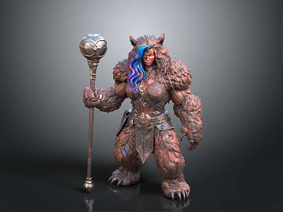 Fantasy Beast Character With Blue Purple Hair Holding Orb Top Staff And Fur Armor 3d model