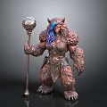 Fantasy Beast Character With Blue Purple Hair Holding Orb Top Staff And Fur Armor