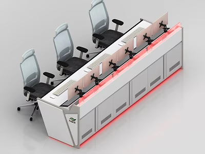 Modern Office Desk With Multiple Monitors Ergonomic Chairs And Red Lighting 3d model